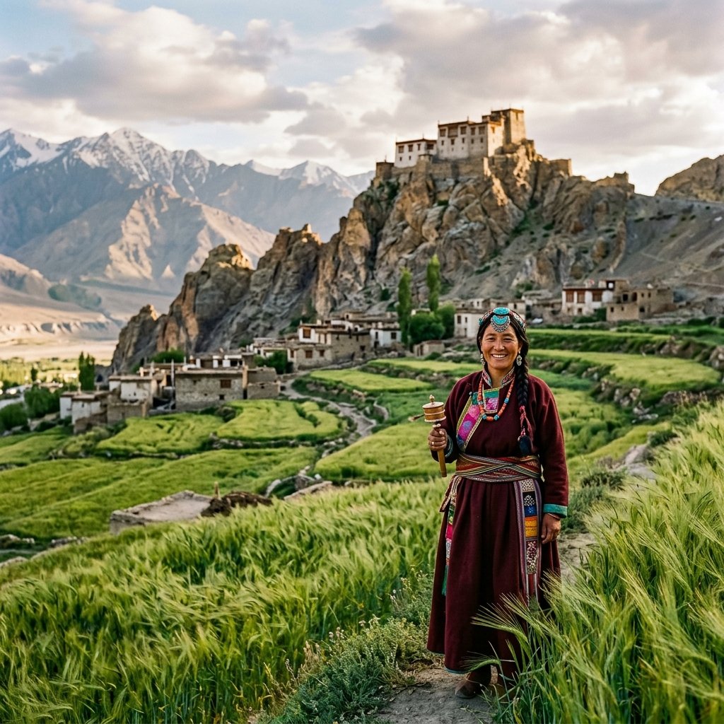 Ladakhi woman in traditional attire with monastery backdrop